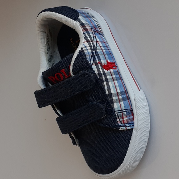 Polo Ralph Lauren Boys Plaid Canvas Sneakers Velcro Red Pony Toddler Sz 6 - Picture 7 of 11